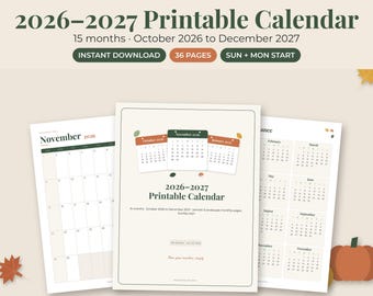 2026 2027 Printable Calendar, 15 Month Minimalist Monthly Planner, November December, Sunday Monday Start