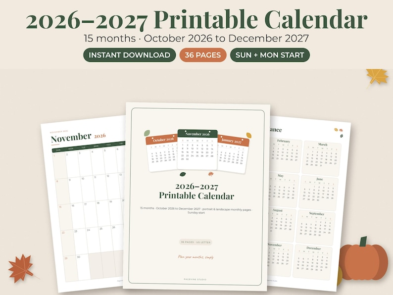 May include: A 2026-2027 printable calendar set featuring 15 months from October 2026 to December 2027. The digital product includes 36 pages with Sunday and Monday start options, displayed in portrait and landscape layouts with a neutral color palette.