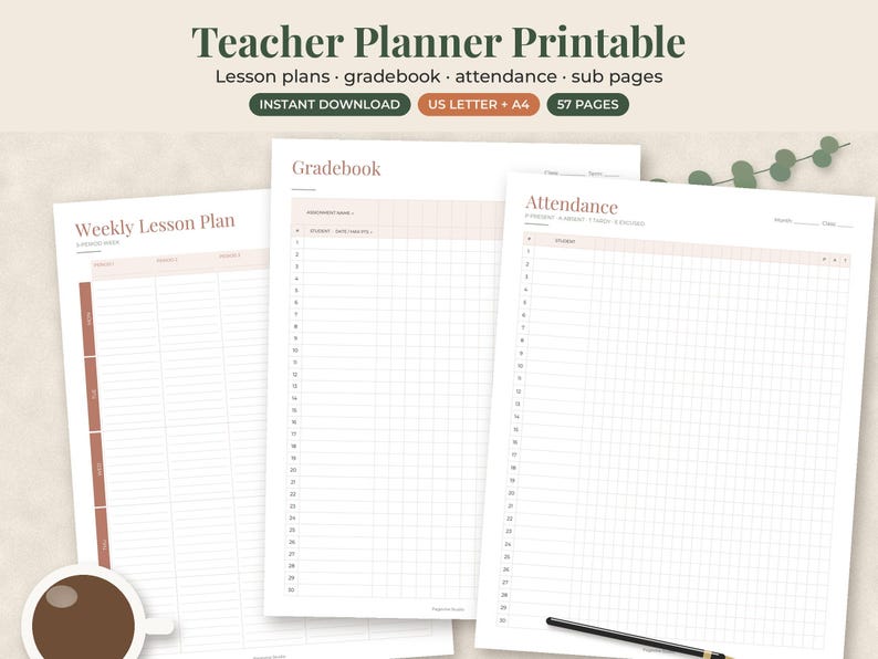 May include: A teacher planner printable set featuring three white pages with soft pink grid lines and headers. The pages are labeled Weekly Lesson Plan, Gradebook, and Attendance. The top text reads Teacher Planner Printable, lesson plans, gradebook, attendance, sub pages, instant download, US letter + A4, 57 pages.