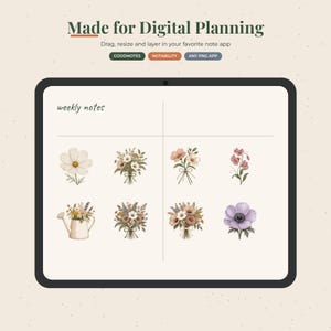 May include: A digital planning sheet featuring the text Made for Digital Planning, Drag, resize and layer in your favorite note app, GOODNOTES, NOTABILITY, ANY PNG APP, and weekly notes. It displays eight floral illustrations including bouquets and a watering can.