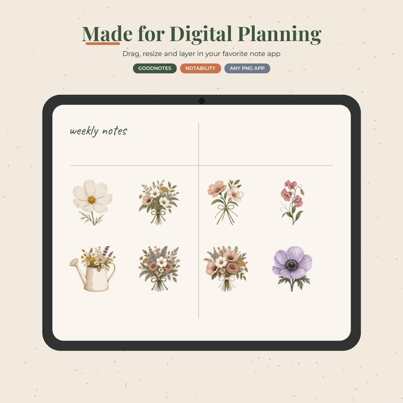 May include: A digital planning sheet featuring the text Made for Digital Planning, Drag, resize and layer in your favorite note app, GOODNOTES, NOTABILITY, ANY PNG APP, and weekly notes. It displays eight floral illustrations including bouquets and a watering can.
