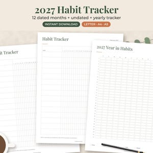 May include: A 2027 habit tracker printable set featuring three white pages with black text and grid layouts. The pages include headers labeled 2027 Habit Tracker and 2027 Year in Habits, with columns for dates and rows for tracking daily activities.