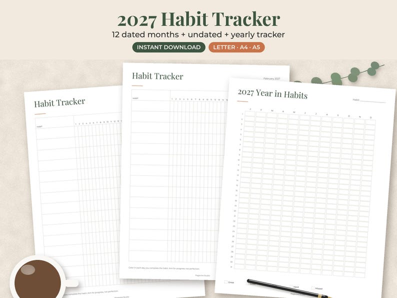 May include: A 2027 habit tracker printable set featuring three white pages with black text and grid layouts. The pages include headers labeled 2027 Habit Tracker and 2027 Year in Habits, with columns for dates and rows for tracking daily activities.