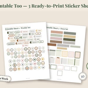 May include: Three printable sticker sheets featuring a weekly set and a deco set. The sheets include various labels for days of the week, numbered circles from 1 to 31, icons, and rectangular note boxes in muted earth tones and plaid patterns.