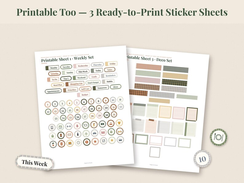 May include: Three printable sticker sheets featuring a weekly set and a deco set. The sheets include various labels for days of the week, numbered circles from 1 to 31, icons, and rectangular note boxes in muted earth tones and plaid patterns.