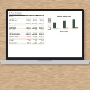 May include: A laptop screen displaying a 3-Year Summary financial table and a bar chart titled Revenue and net profit. The table lists revenue, gross profit, operating profit, net profit, and closing cash for three years with numerical data.