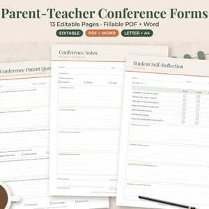 May include: A set of Parent-Teacher Conference Forms featuring 13 editable pages in PDF and Word formats. The documents include Pre-Conference Parent Questions, Conference Notes, and a Student Self-Reflection form with checkboxes and lines.