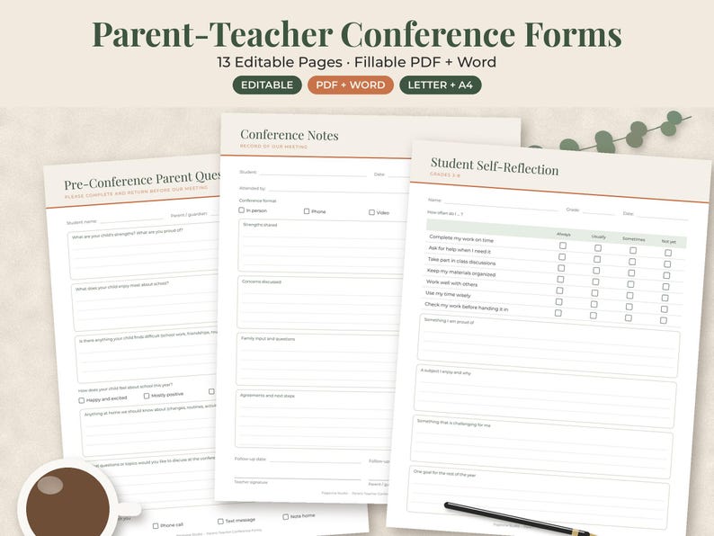 May include: A set of Parent-Teacher Conference Forms featuring 13 editable pages in PDF and Word formats. The documents include Pre-Conference Parent Questions, Conference Notes, and a Student Self-Reflection form with checkboxes and lines.