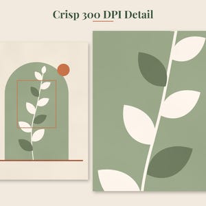 May include: A digital art print featuring a plant with white and dark green leaves centered within a sage green archway on a cream background. A small orange circle sits above the arch, and the text Crisp 300 DPI Detail appears at the top.