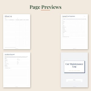 Puede incluir: Cuatro plantillas de documentos digitales tituladas Page Previews, que incluyen un Mileage Log, Annual Car Expenses, Accident Record y un Car Maintenance Log. Cada p&aacute;gina blanca presenta texto negro, cuadr&iacute;culas y campos estructurados.