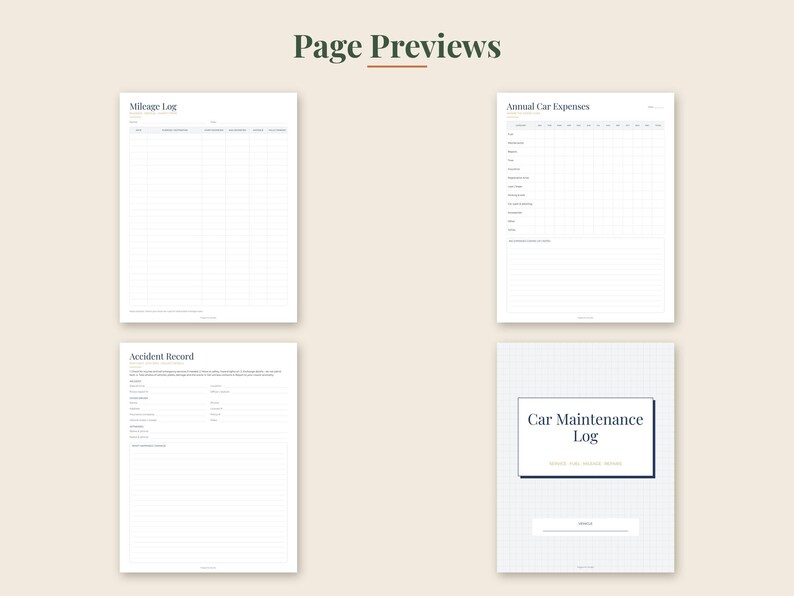 Puede incluir: Cuatro plantillas de documentos digitales tituladas Page Previews, que incluyen un Mileage Log, Annual Car Expenses, Accident Record y un Car Maintenance Log. Cada p&aacute;gina blanca presenta texto negro, cuadr&iacute;culas y campos estructurados.