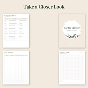 May include: A garden planner set featuring four pages with a beige background. The pages include a cover titled Garden Planner with leaf graphics, a companion planting chart, a seed inventory table, and a grid-lined garden layout page.