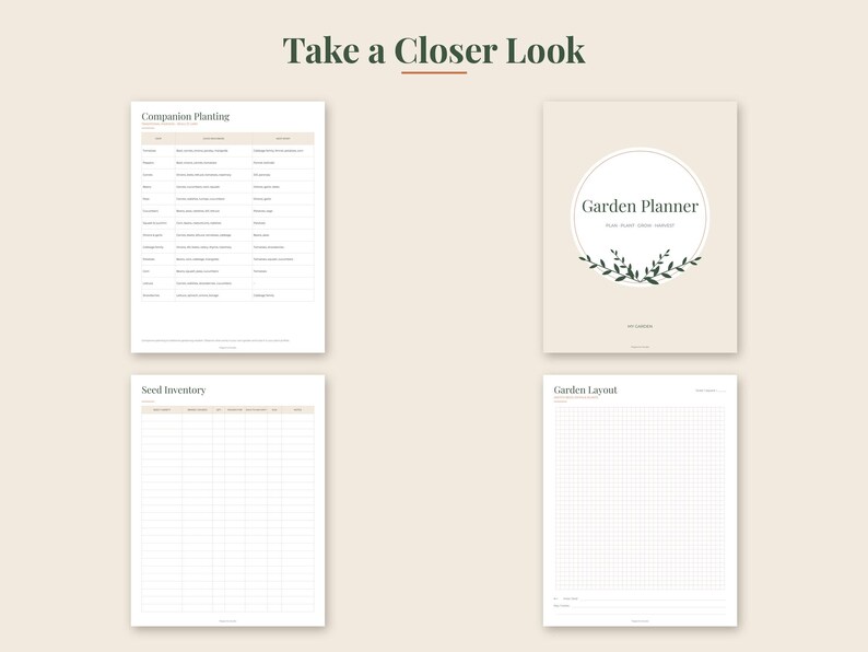 May include: A garden planner set featuring four pages with a beige background. The pages include a cover titled Garden Planner with leaf graphics, a companion planting chart, a seed inventory table, and a grid-lined garden layout page.