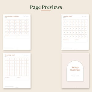 May include: Four digital planner pages titled Page Previews. Three pages feature grids for savings challenges labeled $500 Savings Challenge, Vacation Fund, and My Savings Goal. The fourth page is a cover titled Savings Challenges in an arch.