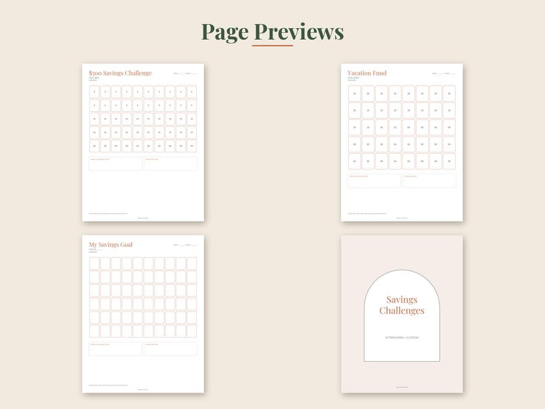 May include: Four digital planner pages titled Page Previews. Three pages feature grids for savings challenges labeled $500 Savings Challenge, Vacation Fund, and My Savings Goal. The fourth page is a cover titled Savings Challenges in an arch.