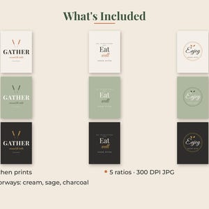 May include: A set of nine digital kitchen prints arranged in three columns and three rows, featuring the text Gather, Eat well, and Enjoy in cream, sage, and charcoal colorways. The text What's Included, 3 kitchen prints, 3 colorways, and 5 ratios 300 DPI JPG is visible.