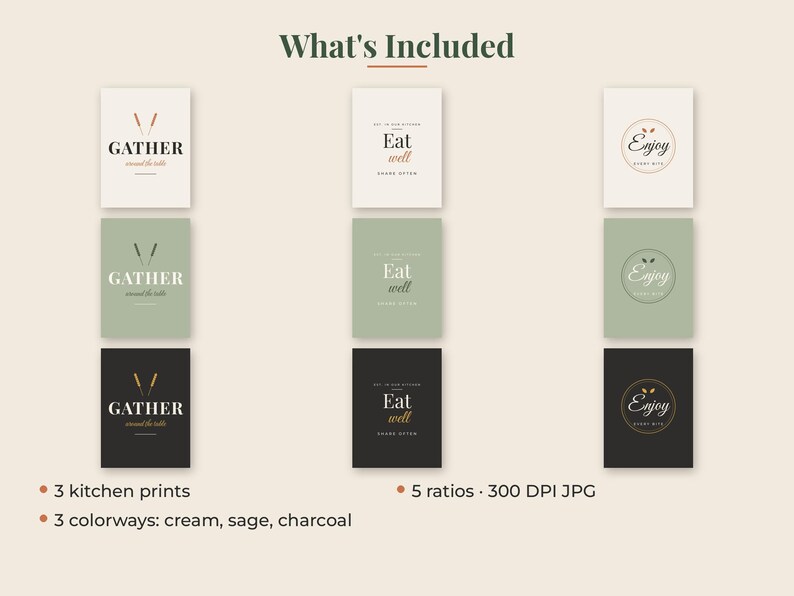 May include: A set of nine digital kitchen prints arranged in three columns and three rows, featuring the text Gather, Eat well, and Enjoy in cream, sage, and charcoal colorways. The text What's Included, 3 kitchen prints, 3 colorways, and 5 ratios 300 DPI JPG is visible.