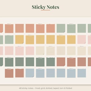 May include: A collection of 48 square sticky notes in various muted colors including terracotta, sage green, mustard yellow, and soft pink. The notes feature diverse textures such as lined, grid, dotted, taped, torn, and folded edges.