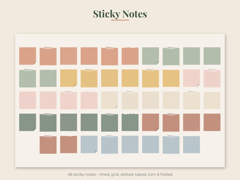 May include: A collection of 48 square sticky notes in various muted colors including terracotta, sage green, mustard yellow, and soft pink. The notes feature diverse textures such as lined, grid, dotted, taped, torn, and folded edges.