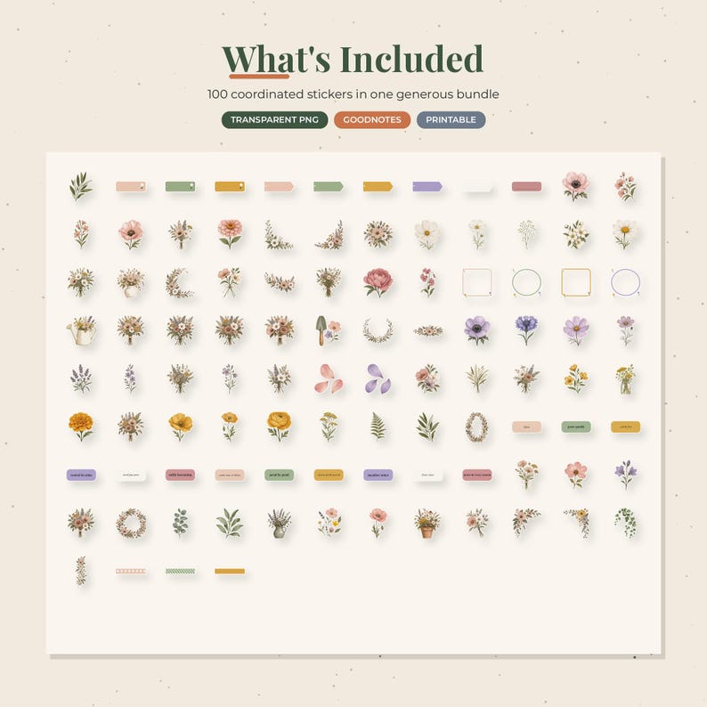 May include: A digital sticker set featuring 100 floral and botanical elements, including bouquets, individual flowers, wreaths, and labels. The text reads What's Included, 100 coordinated stickers in one generous bundle, TRANSPARENT PNG, GOODNOTES, PRINTABLE.