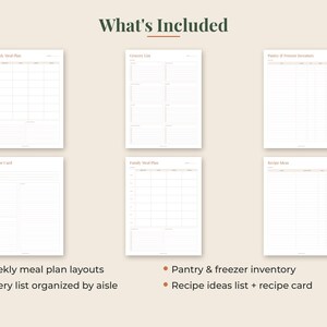 May include: A set of six printable planner pages with the heading What's Included. The pages feature a Weekly Meal Plan, Grocery List, Pantry & Freezer Inventory, Recipe Card, Family Meal Plan, and Recipe Ideas list, all with white backgrounds.