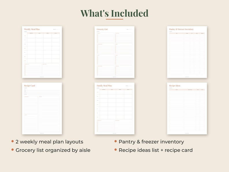May include: A set of six printable planner pages with the heading What's Included. The pages feature a Weekly Meal Plan, Grocery List, Pantry & Freezer Inventory, Recipe Card, Family Meal Plan, and Recipe Ideas list, all with white backgrounds.