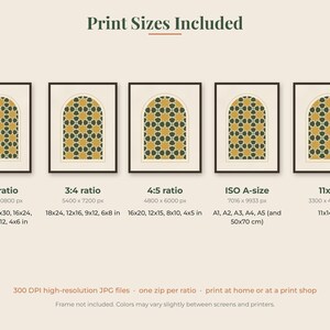 May include: A digital chart titled Print Sizes Included displaying five framed art prints with a geometric star pattern in mustard yellow and dark green. The chart lists ratios and dimensions in inches, including 2:3, 3:4, 4:5, ISO A-size, and 11x14.