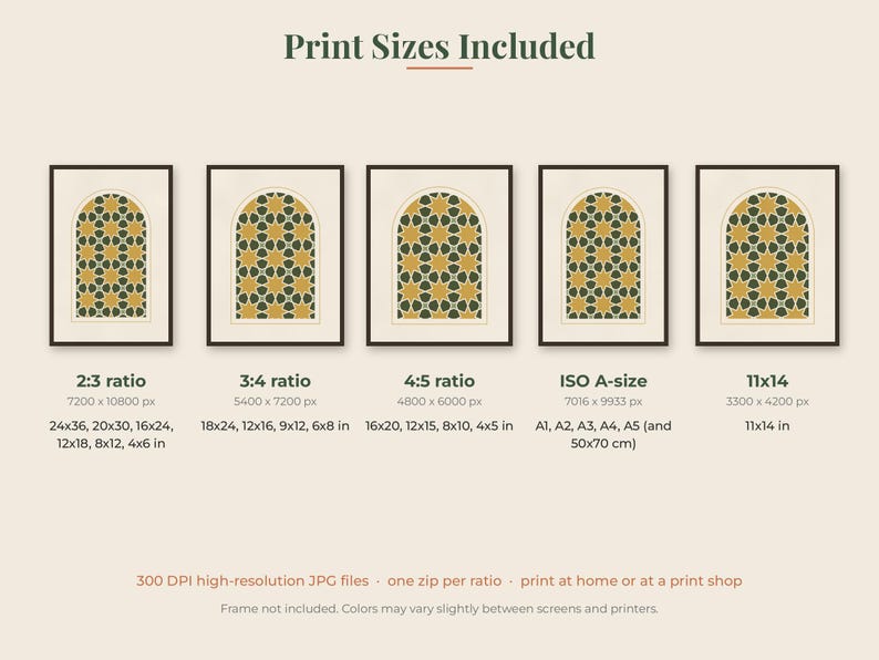 May include: A digital chart titled Print Sizes Included displaying five framed art prints with a geometric star pattern in mustard yellow and dark green. The chart lists ratios and dimensions in inches, including 2:3, 3:4, 4:5, ISO A-size, and 11x14.