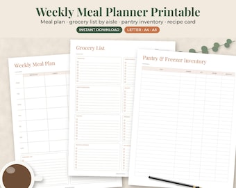 Weekly Meal Planner Printable, Menu Plan with Grocery List, Family Kitchen Organizer