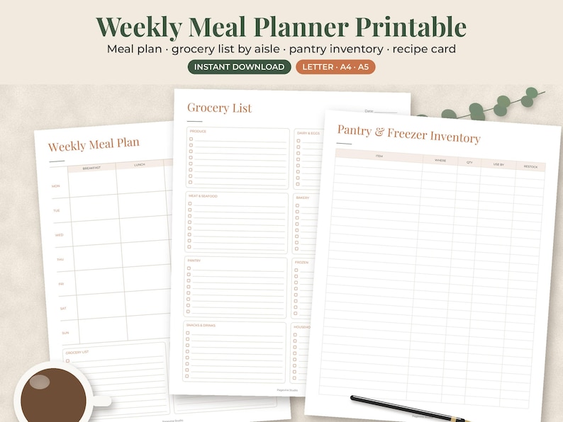May include: A digital weekly meal planner printable set featuring a Weekly Meal Plan, Grocery List, and Pantry & Freezer Inventory. The documents have white backgrounds with dark text and light brown headers, available in Letter, A4, and A5 sizes.