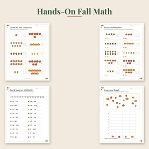 May include: Four educational math worksheets titled Hands-On Fall Math featuring autumn-themed graphics like pumpkins, leaves, and acorns. The pages include exercises for counting, picture subtraction, addition and subtraction within 20, and graphing.