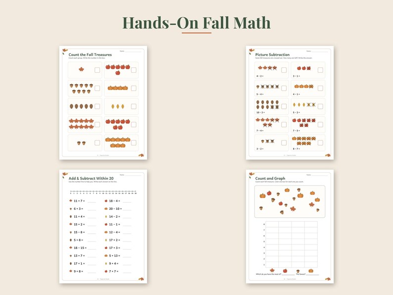 May include: Four educational math worksheets titled Hands-On Fall Math featuring autumn-themed graphics like pumpkins, leaves, and acorns. The pages include exercises for counting, picture subtraction, addition and subtraction within 20, and graphing.