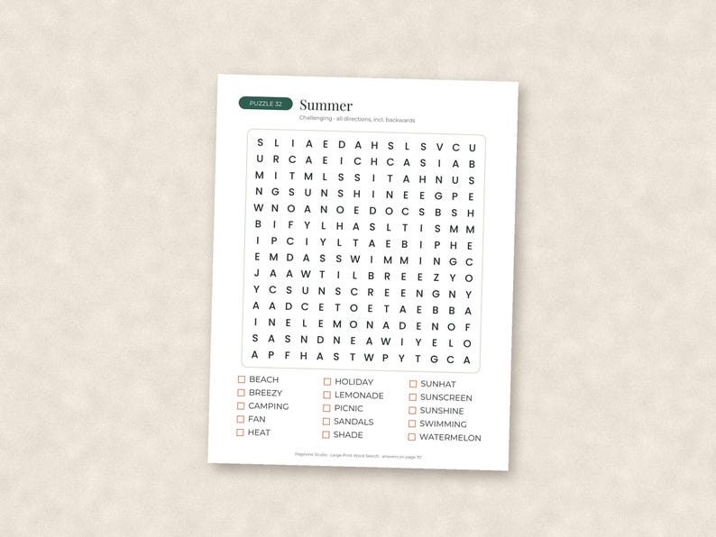May include: A white paper sheet featuring a Summer-themed word search puzzle. The grid contains black capital letters, with a list of words to find below, including Beach, Breezy, Camping, Fan, Heat, Holiday, Lemonade, Picnic, Sandals, Shade, Sunhat, Sunscreen, Sunshine, Swimming, and Watermelon.