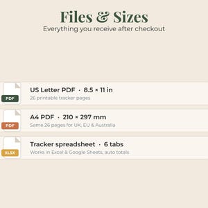 May include: A digital file information graphic titled Files & Sizes. It lists a US Letter PDF at 8.5 x 11 inches with 26 pages, an A4 PDF at 210 x 297 mm with 26 pages, and a tracker spreadsheet with 6 tabs compatible with Excel and Google Sheets.