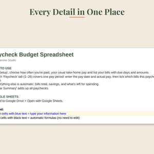 May include: A digital Paycheck Budget Spreadsheet by Pagevine Studio with instructions on how to use the file in Google Sheets. The text includes a legend explaining that cream cells with blue text are for user input and white cells are automatic.