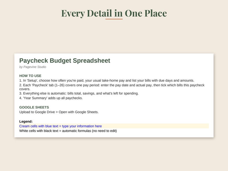 May include: A digital Paycheck Budget Spreadsheet by Pagevine Studio with instructions on how to use the file in Google Sheets. The text includes a legend explaining that cream cells with blue text are for user input and white cells are automatic.