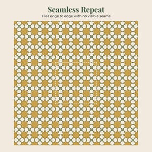 May include: A seamless repeat pattern featuring a geometric star design in mustard yellow, white, and dark green. The text "Seamless Repeat" and "Tiles edge to edge with no visible seams" appears above the pattern, which includes a dashed square.
