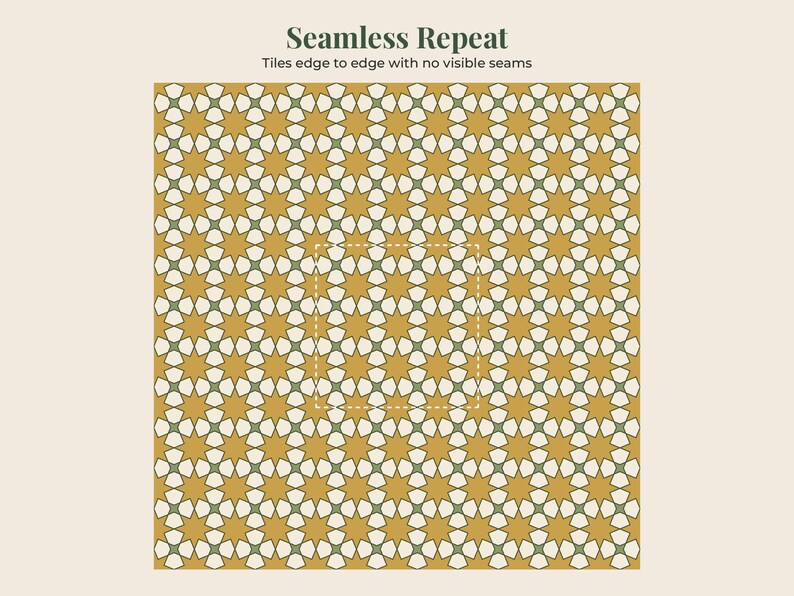 May include: A seamless repeat pattern featuring a geometric star design in mustard yellow, white, and dark green. The text "Seamless Repeat" and "Tiles edge to edge with no visible seams" appears above the pattern, which includes a dashed square.