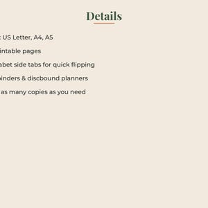 K&ouml;nnte beinhalten: Ein digitales Dokument mit der &Uuml;berschrift Details, das Produktspezifikationen auflistet: US Letter, A4 und A5 Formate, 63 druckbare Seiten, alphabetische Seitenregister zum schnellen Bl&auml;ttern, passend f&uuml;r Ordner und Discbund-Planer.
