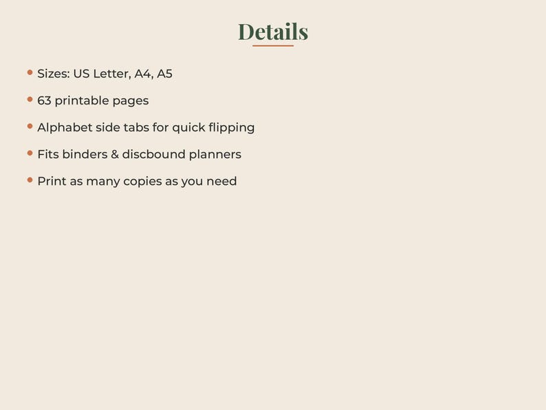 K&ouml;nnte beinhalten: Ein digitales Dokument mit der &Uuml;berschrift Details, das Produktspezifikationen auflistet: US Letter, A4 und A5 Formate, 63 druckbare Seiten, alphabetische Seitenregister zum schnellen Bl&auml;ttern, passend f&uuml;r Ordner und Discbund-Planer.