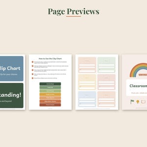 May include: A set of four printable classroom management pages featuring a clip chart with text Our Clip Chart and Outstanding, instructions on how to use the chart, a page of blank labels, and a Classroom Jobs sign with a rainbow graphic.