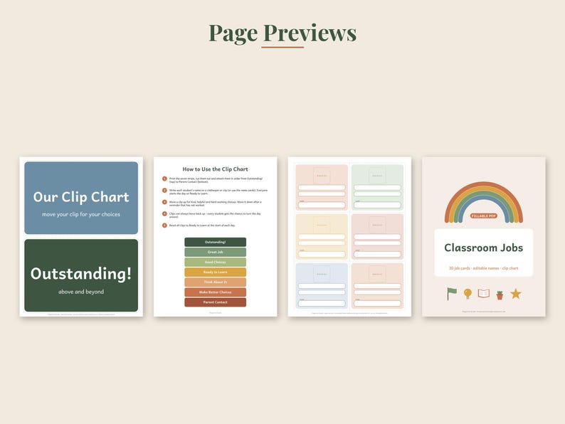 May include: A set of four printable classroom management pages featuring a clip chart with text Our Clip Chart and Outstanding, instructions on how to use the chart, a page of blank labels, and a Classroom Jobs sign with a rainbow graphic.