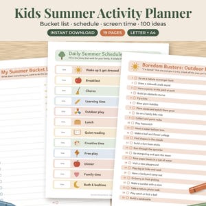 May include: A Kids Summer Activity Planner printable set featuring a bucket list, daily schedule, and boredom busters list. The pages include colorful icons, checkboxes, and text prompts for summer activities, presented in a clean, organized layout.