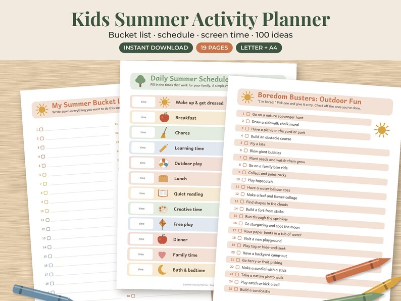May include: A Kids Summer Activity Planner printable set featuring a bucket list, daily schedule, and boredom busters list. The pages include colorful icons, checkboxes, and text prompts for summer activities, presented in a clean, organized layout.