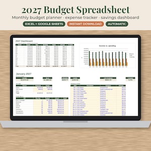 May include: A digital 2027 budget spreadsheet displayed on a laptop screen, featuring a monthly budget planner, expense tracker, and savings dashboard. The interface includes tables for income, bills, and transactions, alongside an income vs. spending bar chart.
