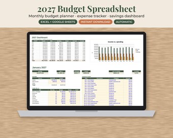 2027 Budget Spreadsheet, Google Sheets Excel Monthly Planner, Expense Savings Tracker