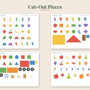 May include: Four printable sheets titled Cut-Out Pieces featuring colorful icons including crayons, stars, fruits, vehicles, socks, geometric shapes, numbers, and various objects arranged in a grid format on a light background for educational use.