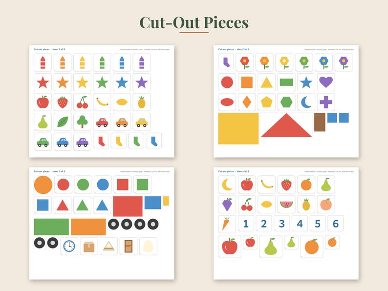 May include: Four printable sheets titled Cut-Out Pieces featuring colorful icons including crayons, stars, fruits, vehicles, socks, geometric shapes, numbers, and various objects arranged in a grid format on a light background for educational use.