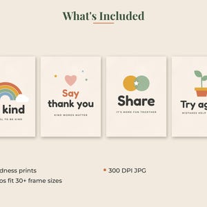 May include: Four digital art prints featuring positive messages. The first shows a rainbow and 'Be kind', the second a heart and 'Say thank you', the third overlapping circles and 'Share', and the fourth a potted plant and 'Try again'.