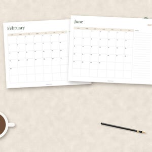 May include: Two white paper calendar sheets for February and June 2024 with a grid layout, a cup of dark coffee, and a thin black pen. The calendar pages feature black text, light gray grid lines, and a dedicated notes section on the right side.